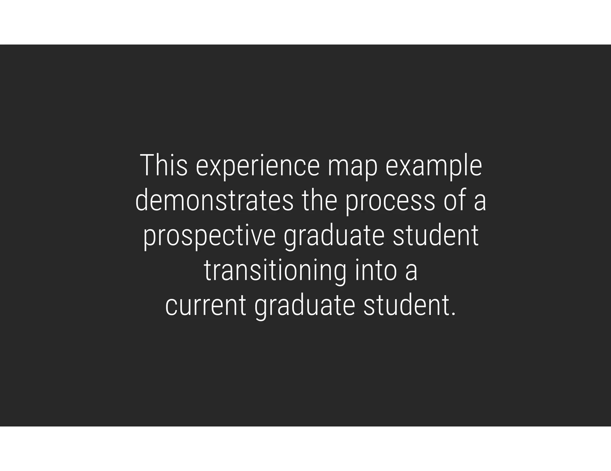 This experience map example  
demonstrates the process of a  
prospective graduate student  
transitioning into a  
current graduate student.
 