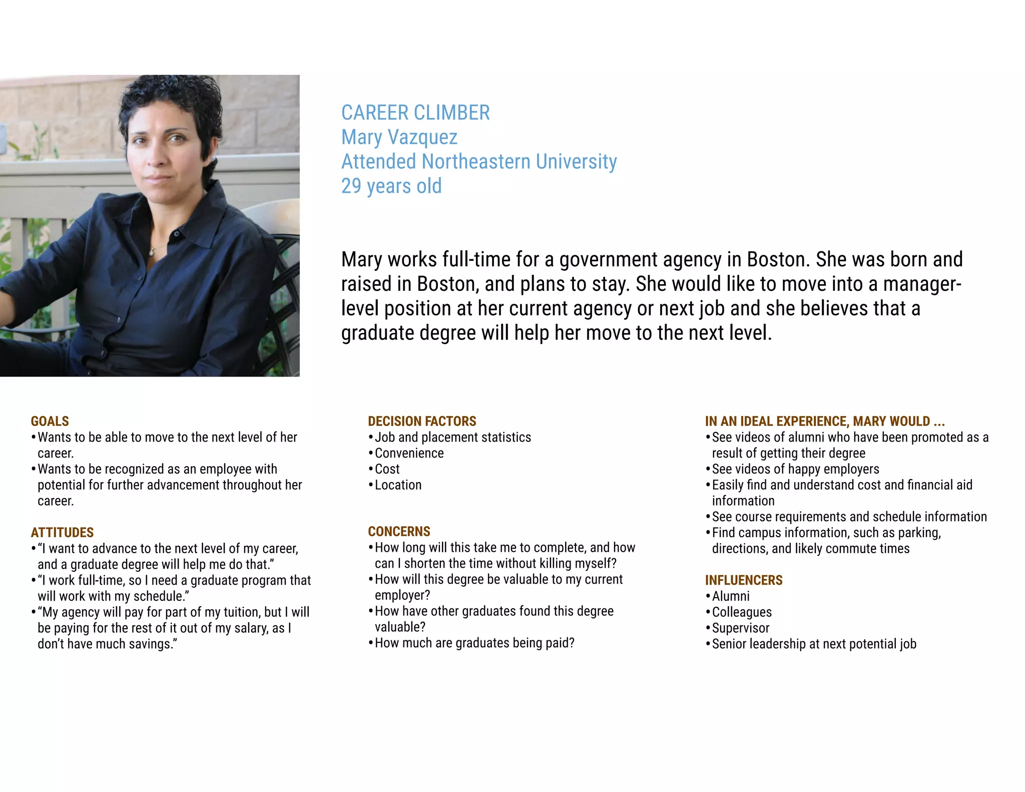 CAREER CLIMBER
Mary Vazquez
Attended Northeastern University
29 years old
Mary works full-time for a government agency in Boston. She was born and
raised in Boston, and plans to stay. She would like to move into a manager-
level position at her current agency or next job and she believes that a
graduate degree will help her move to the next level.
GOALS
•Wants to be able to move to the next level of her
career.
•Wants to be recognized as an employee with
potential for further advancement throughout her
career.
ATTITUDES
•“I want to advance to the next level of my career,
and a graduate degree will help me do that.”
•“I work full-time, so I need a graduate program that
will work with my schedule.”
•“My agency will pay for part of my tuition, but I will
be paying for the rest of it out of my salary, as I
don’t have much savings.”
DECISION FACTORS
•Job and placement statistics
•Convenience
•Cost
•Location
CONCERNS
•How long will this take me to complete, and how
can I shorten the time without killing myself?
•How will this degree be valuable to my current
employer?
•How have other graduates found this degree
valuable?
•How much are graduates being paid? 
IN AN IDEAL EXPERIENCE, MARY WOULD ...
•See videos of alumni who have been promoted as a
result of getting their degree
•See videos of happy employers
•Easily ﬁnd and understand cost and ﬁnancial aid
information
•See course requirements and schedule information
•Find campus information, such as parking,
directions, and likely commute times
INFLUENCERS
•Alumni
•Colleagues
•Supervisor
•Senior leadership at next potential job
 