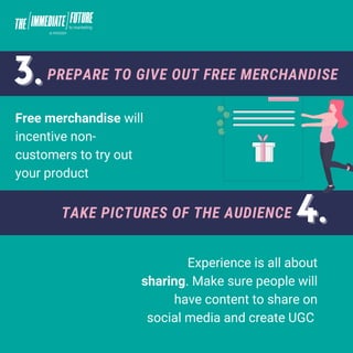 3.
3.PREPARE TO GIVE OUT FREE MERCHANDISE
4.
4.
TAKE PICTURES OF THE AUDIENCE
Free merchandise will
incentive non-
customers to try out
your product
Experience is all about
sharing. Make sure people will
have content to share on
social media and create UGC