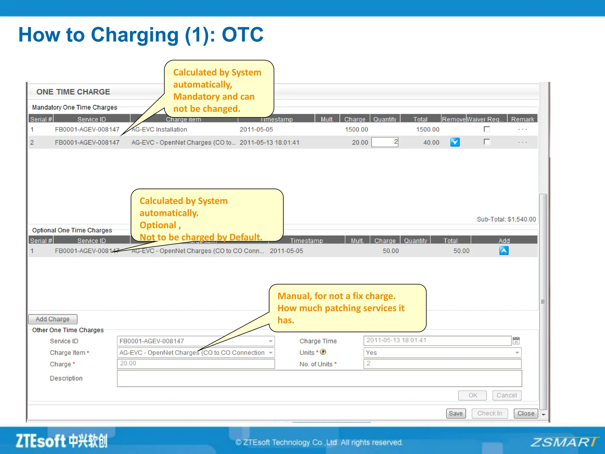 How to Charging (1): OTC
Calculated by System
automatically,
Mandatory and can
not be changed.
Calculated by System
automatically.
Optional ,
Not to be charged by Default.
Manual, for not a fix charge.
How much patching services it
has.
 