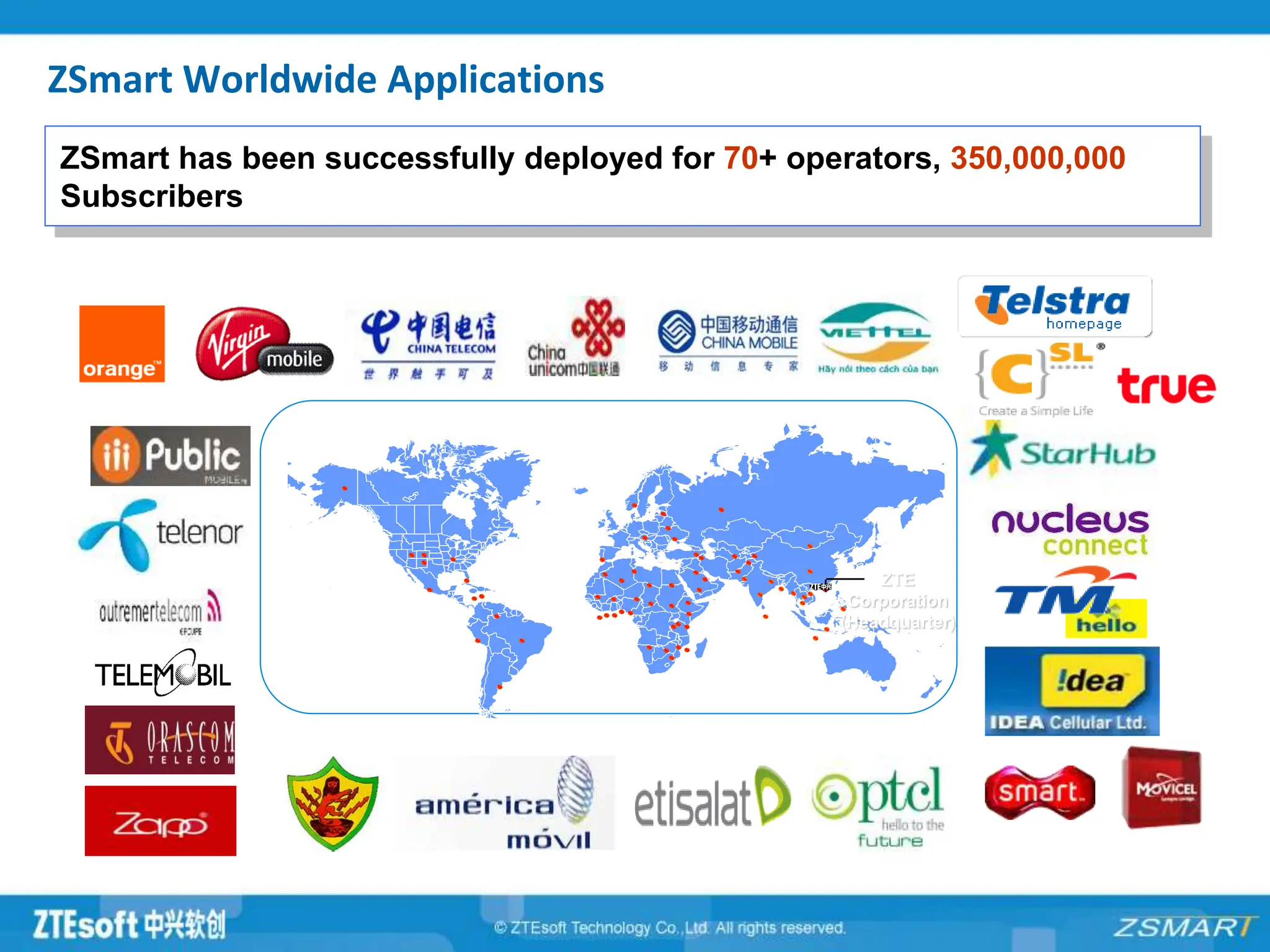 ZSmart Worldwide Applications
ZTE
Corporation
(Headquarter)
ZSmart has been successfully deployed for 70+ operators, 350,000,000
Subscribers
 