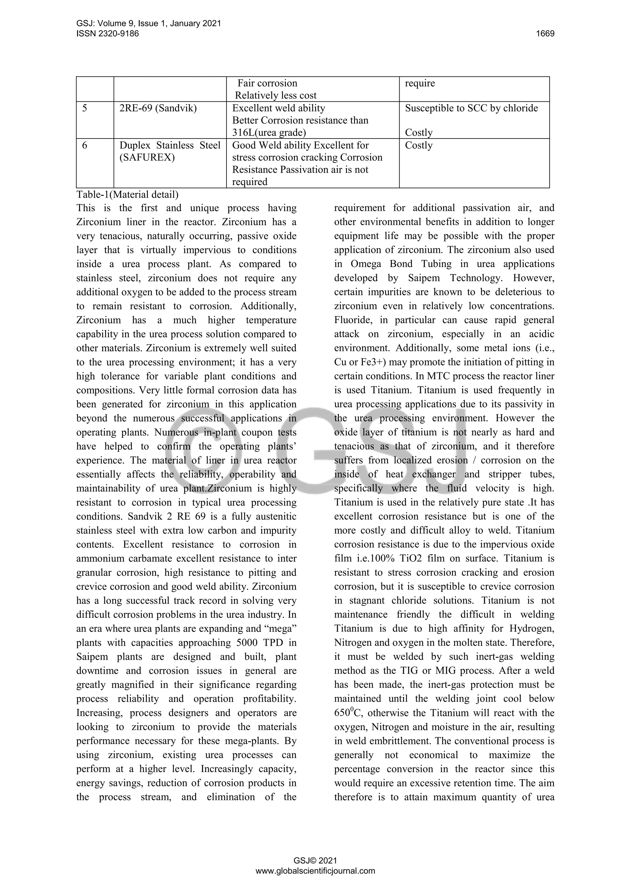 Fair corrosion
Relatively less cost
require
5 2RE-69 (Sandvik) Excellent weld ability
Better Corrosion resistance than
316L(urea grade)
Susceptible to SCC by chloride
Costly
6 Duplex Stainless Steel
(SAFUREX)
Good Weld ability Excellent for
stress corrosion cracking Corrosion
Resistance Passivation air is not
required
Costly
Table-1(Material detail)
This is the first and unique process having
Zirconium liner in the reactor. Zirconium has a
very tenacious, naturally occurring, passive oxide
layer that is virtually impervious to conditions
inside a urea process plant. As compared to
stainless steel, zirconium does not require any
additional oxygen to be added to the process stream
to remain resistant to corrosion. Additionally,
Zirconium has a much higher temperature
capability in the urea process solution compared to
other materials. Zirconium is extremely well suited
to the urea processing environment; it has a very
high tolerance for variable plant conditions and
compositions. Very little formal corrosion data has
been generated for zirconium in this application
beyond the numerous successful applications in
operating plants. Numerous in-plant coupon tests
have helped to confirm the operating plants’
experience. The material of liner in urea reactor
essentially affects the reliability, operability and
maintainability of urea plant.Zirconium is highly
resistant to corrosion in typical urea processing
conditions. Sandvik 2 RE 69 is a fully austenitic
stainless steel with extra low carbon and impurity
contents. Excellent resistance to corrosion in
ammonium carbamate excellent resistance to inter
granular corrosion, high resistance to pitting and
crevice corrosion and good weld ability. Zirconium
has a long successful track record in solving very
difficult corrosion problems in the urea industry. In
an era where urea plants are expanding and “mega”
plants with capacities approaching 5000 TPD in
Saipem plants are designed and built, plant
downtime and corrosion issues in general are
greatly magnified in their significance regarding
process reliability and operation profitability.
Increasing, process designers and operators are
looking to zirconium to provide the materials
performance necessary for these mega-plants. By
using zirconium, existing urea processes can
perform at a higher level. Increasingly capacity,
energy savings, reduction of corrosion products in
the process stream, and elimination of the
requirement for additional passivation air, and
other environmental benefits in addition to longer
equipment life may be possible with the proper
application of zirconium. The zirconium also used
in Omega Bond Tubing in urea applications
developed by Saipem Technology. However,
certain impurities are known to be deleterious to
zirconium even in relatively low concentrations.
Fluoride, in particular can cause rapid general
attack on zirconium, especially in an acidic
environment. Additionally, some metal ions (i.e.,
Cu or Fe3+) may promote the initiation of pitting in
certain conditions. In MTC process the reactor liner
is used Titanium. Titanium is used frequently in
urea processing applications due to its passivity in
the urea processing environment. However the
oxide layer of titanium is not nearly as hard and
tenacious as that of zirconium, and it therefore
suffers from localized erosion / corrosion on the
inside of heat exchanger and stripper tubes,
specifically where the fluid velocity is high.
Titanium is used in the relatively pure state .It has
excellent corrosion resistance but is one of the
more costly and difficult alloy to weld. Titanium
corrosion resistance is due to the impervious oxide
film i.e.100% TiO2 film on surface. Titanium is
resistant to stress corrosion cracking and erosion
corrosion, but it is susceptible to crevice corrosion
in stagnant chloride solutions. Titanium is not
maintenance friendly the difficult in welding
Titanium is due to high affinity for Hydrogen,
Nitrogen and oxygen in the molten state. Therefore,
it must be welded by such inert-gas welding
method as the TIG or MIG process. After a weld
has been made, the inert-gas protection must be
maintained until the welding joint cool below
6500
C, otherwise the Titanium will react with the
oxygen, Nitrogen and moisture in the air, resulting
in weld embrittlement. The conventional process is
generally not economical to maximize the
percentage conversion in the reactor since this
would require an excessive retention time. The aim
therefore is to attain maximum quantity of urea
GSJ: Volume 9, Issue 1, January 2021
ISSN 2320-9186 1669
GSJ© 2021
www.globalscientificjournal.com
 