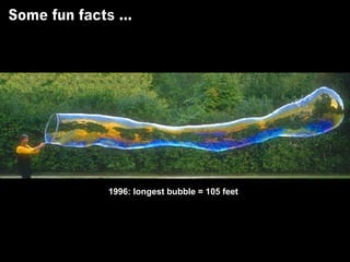 1996: longest bubble = 105 feet  Most concentric bubble domes = 12 Some fun facts ... 
