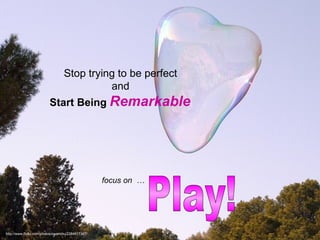 http://www.flickr.com/photos/swamibu/2264617197/ Stop trying to be perfect   and   Start Being  Remarkable   focus on  … Play! 