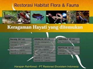 Restorasi Habitat Flora & Fauna



Keragaman Hayati yang ditemukan

 Burung: 267 spp               MAMALIA: 49 spp              AMPHIBIA: 25 spp
 Endangered: 2 species         Critically endangered: 2     Near Threatened: 3 species
                               species
 Vulnerable: 6 species
                               Endangered: 5 species
 Near Threatened: 64 species                                REPTILIA: 33 spp
                               Vulnerable: 4 species
 Appendix I: 1 species                                      Endangered: 1 species
                               Near Threatened: 6 species
 Appendix II: 25 species                                    Vulnerable: 1 species
                               Appendix I: 5 species
                               Appendix II: 12 species
                               Appendix III: 1 species



       Harapan Rainforest - PT Restorasi Ekosistem Indonesia
 