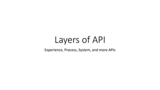 Layers of API
Experience, Process, System, and more APIs
 