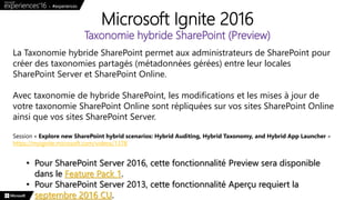 Microsoft Ignite 2016
Taxonomie hybride SharePoint (Preview)
La Taxonomie hybride SharePoint permet aux administrateurs de SharePoint pour
créer des taxonomies partagés (métadonnées gérées) entre leur locales
SharePoint Server et SharePoint Online.
Avec taxonomie de hybride SharePoint, les modifications et les mises à jour de
votre taxonomie SharePoint Online sont répliquées sur vos sites SharePoint Online
ainsi que vos sites SharePoint Server.
Session « Explore new SharePoint hybrid scenarios: Hybrid Auditing, Hybrid Taxonomy, and Hybrid App Launcher »
https://myignite.microsoft.com/videos/1378
• Pour SharePoint Server 2016, cette fonctionnalité Preview sera disponible
dans le Feature Pack 1.
• Pour SharePoint Server 2013, cette fonctionnalité Aperçu requiert la
septembre 2016 CU.
 
