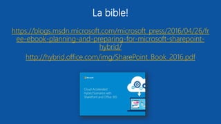 https://blogs.msdn.microsoft.com/microsoft_press/2016/04/26/fr
ee-ebook-planning-and-preparing-for-microsoft-sharepoint-
hybrid/
http://hybrid.office.com/img/SharePoint_Book_2016.pdf
La bible!
 