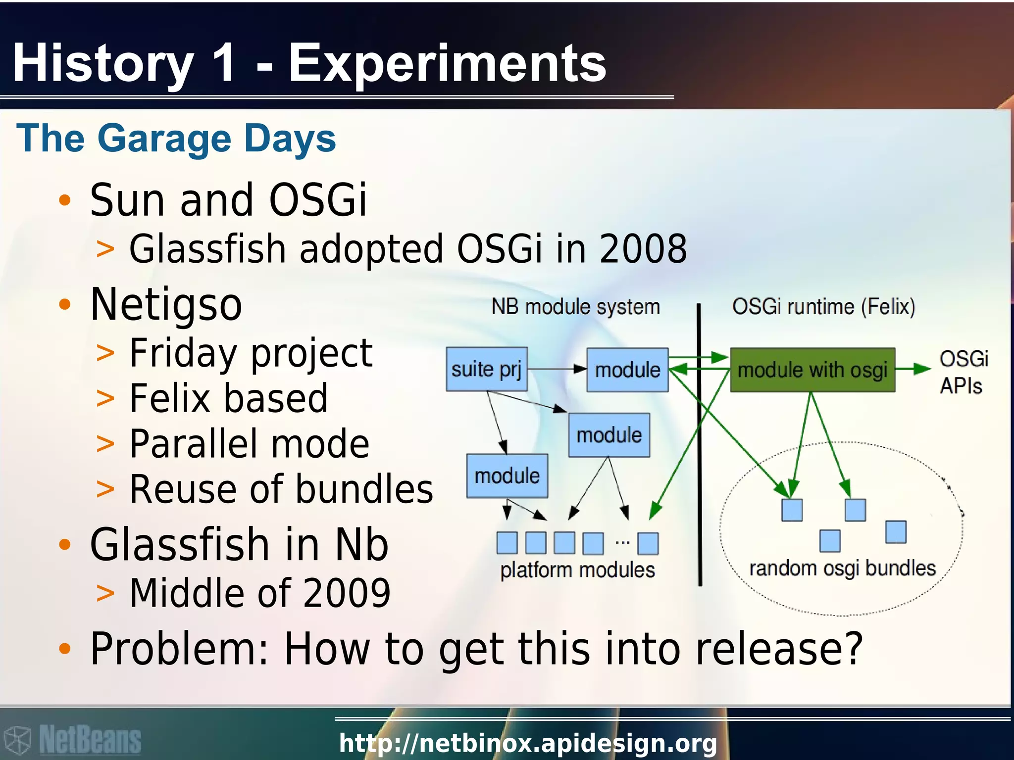 http://netbinox.apidesign.org
History 1 - Experiments
• Sun and OSGi
> Glassfish adopted OSGi in 2008
• Netigso
> Friday project
> Felix based
> Parallel mode
> Reuse of bundles
• Glassfish in Nb
> Middle of 2009
• Problem: How to get this into release?
The Garage Days
 
