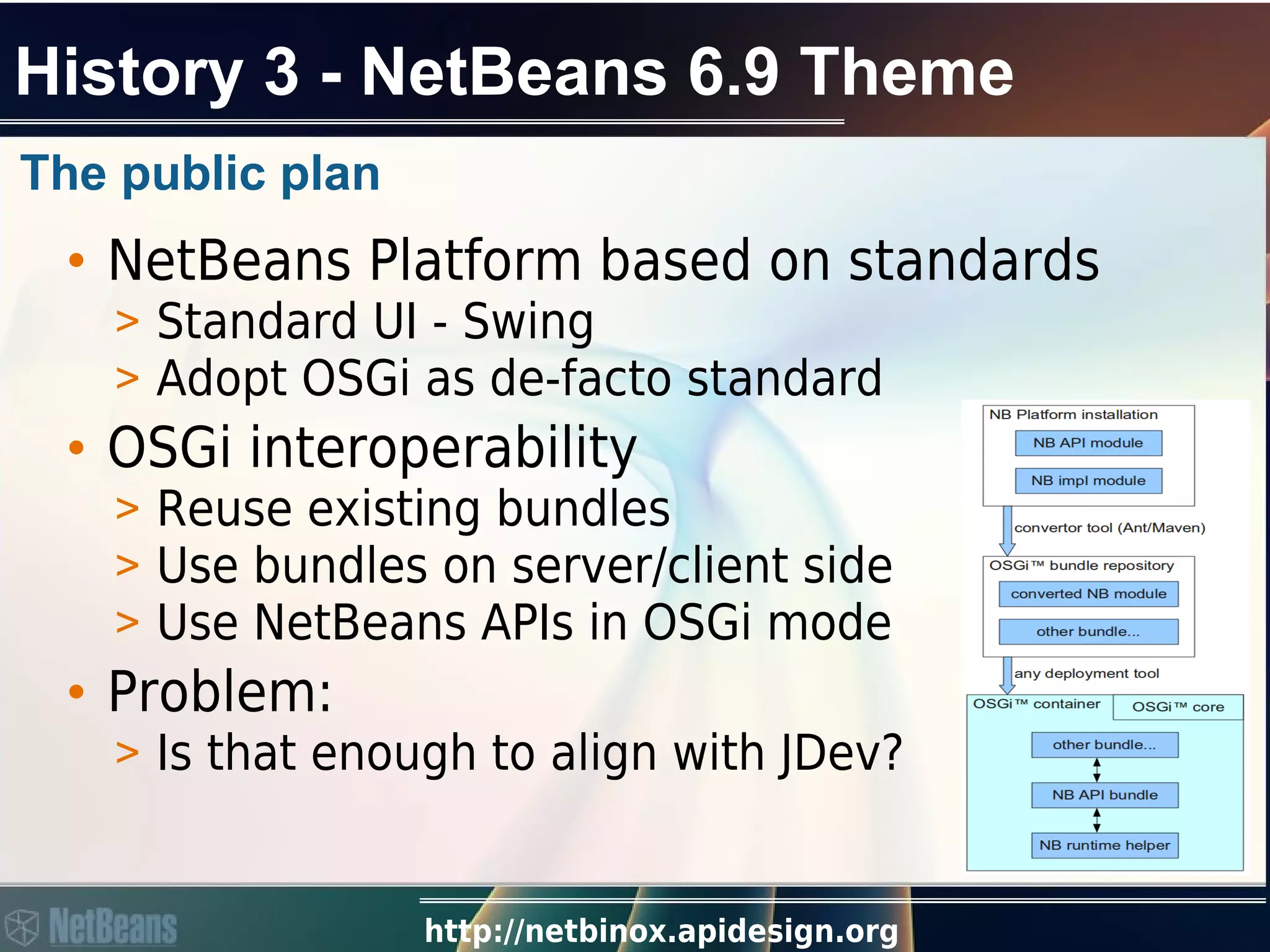 http://netbinox.apidesign.org
History 3 - NetBeans 6.9 Theme
• NetBeans Platform based on standards
> Standard UI - Swing
> Adopt OSGi as de-facto standard
• OSGi interoperability
> Reuse existing bundles
> Use bundles on server/client side
> Use NetBeans APIs in OSGi mode
• Problem:
> Is that enough to align with JDev?
The public plan
 