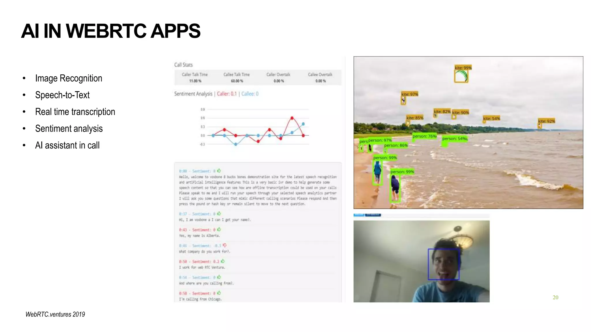 • Image Recognition
• Speech-to-Text
• Real time transcription
• Sentiment analysis
• AI assistant in call
AI IN WEBRTC APPS
20
WebRTC.ventures 2019
 