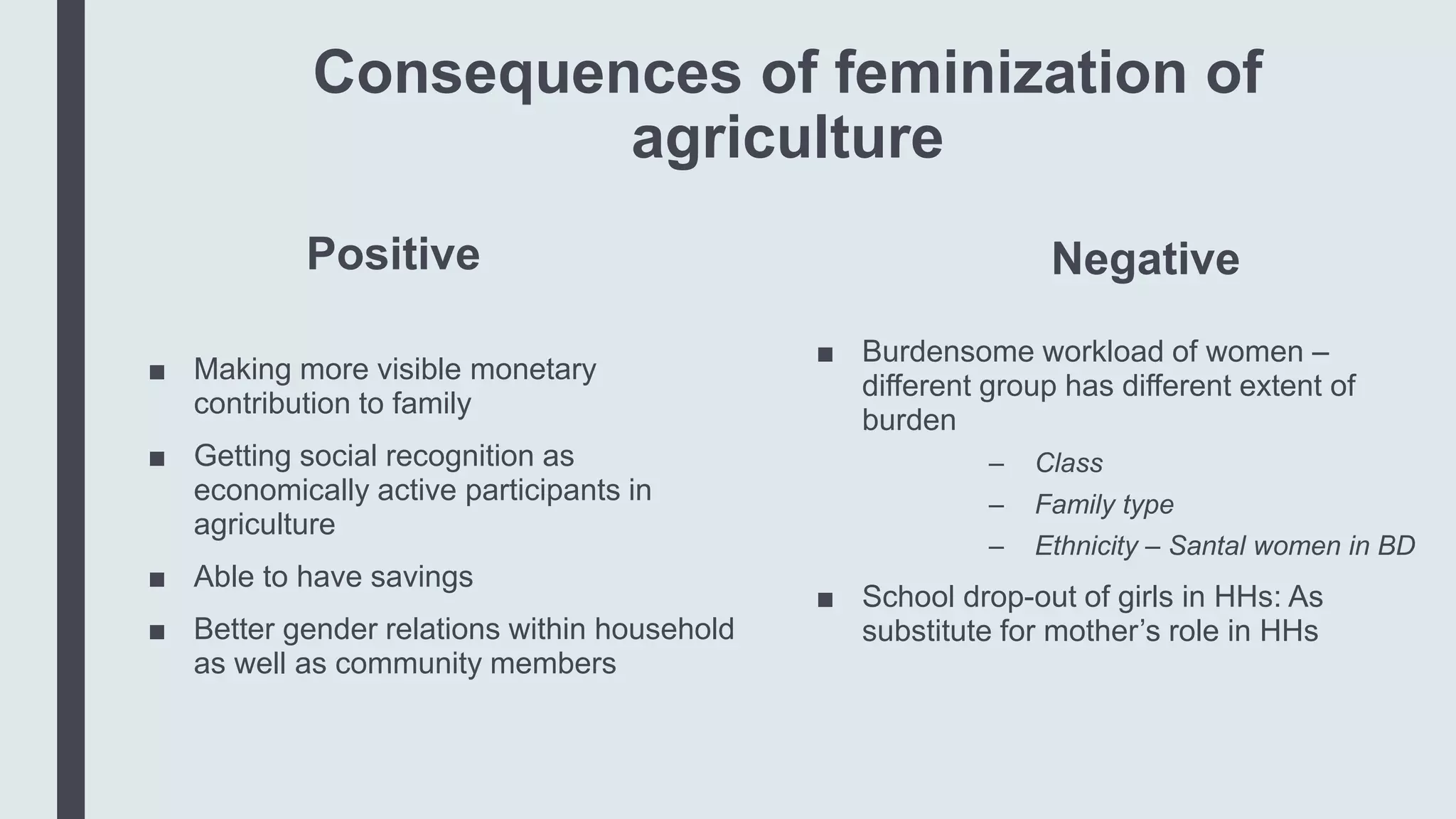 Consequences of feminization of
agriculture
Positive
■ Making more visible monetary
contribution to family
■ Getting social recognition as
economically active participants in
agriculture
■ Able to have savings
■ Better gender relations within household
as well as community members
Negative
■ Burdensome workload of women –
different group has different extent of
burden
– Class
– Family type
– Ethnicity – Santal women in BD
■ School drop-out of girls in HHs: As
substitute for mother’s role in HHs
 
