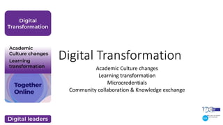 Digital Transformation
Academic Culture changes
Learning transformation
Microcredentials
Community collaboration & Knowledge exchange
 