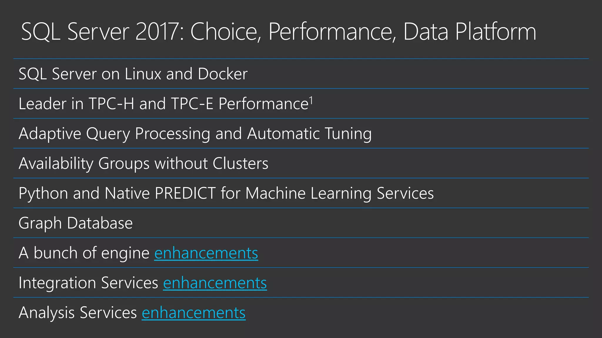 SQL Server on Linux and Docker
Leader in TPC-H and TPC-E Performance1
Adaptive Query Processing and Automatic Tuning
Availability Groups without Clusters
Python and Native PREDICT for Machine Learning Services
Graph Database
A bunch of engine enhancements
Integration Services enhancements
Analysis Services enhancements
 