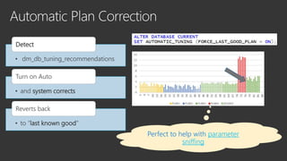 • dm_db_tuning_recommendations
Detect
• and system corrects
Turn on Auto
• to “last known good”
Reverts back
Perfect to help with parameter
sniffing
 