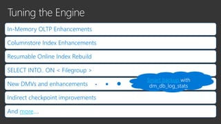 In-Memory OLTP Enhancements
Columnstore Index Enhancements
Resumable Online Index Rebuild
SELECT INTO.. ON < Filegroup >
New DMVs and enhancements
Indirect checkpoint improvements
And more….
Smart backup
 