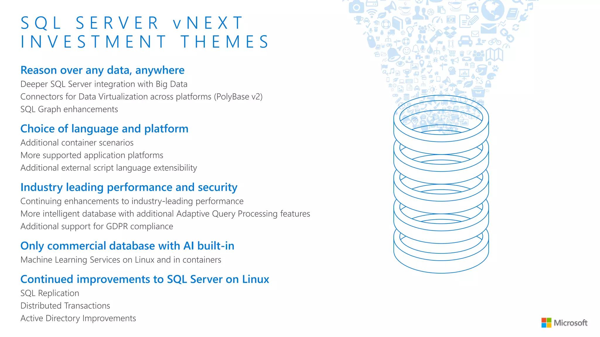 S Q L S E R V E R v N E X T
I N V E S T M E N T T H E M E S
Reason over any data, anywhere
Choice of language and platform
Industry leading performance and security
Only commercial database with AI built-in
Continued improvements to SQL Server on Linux
 