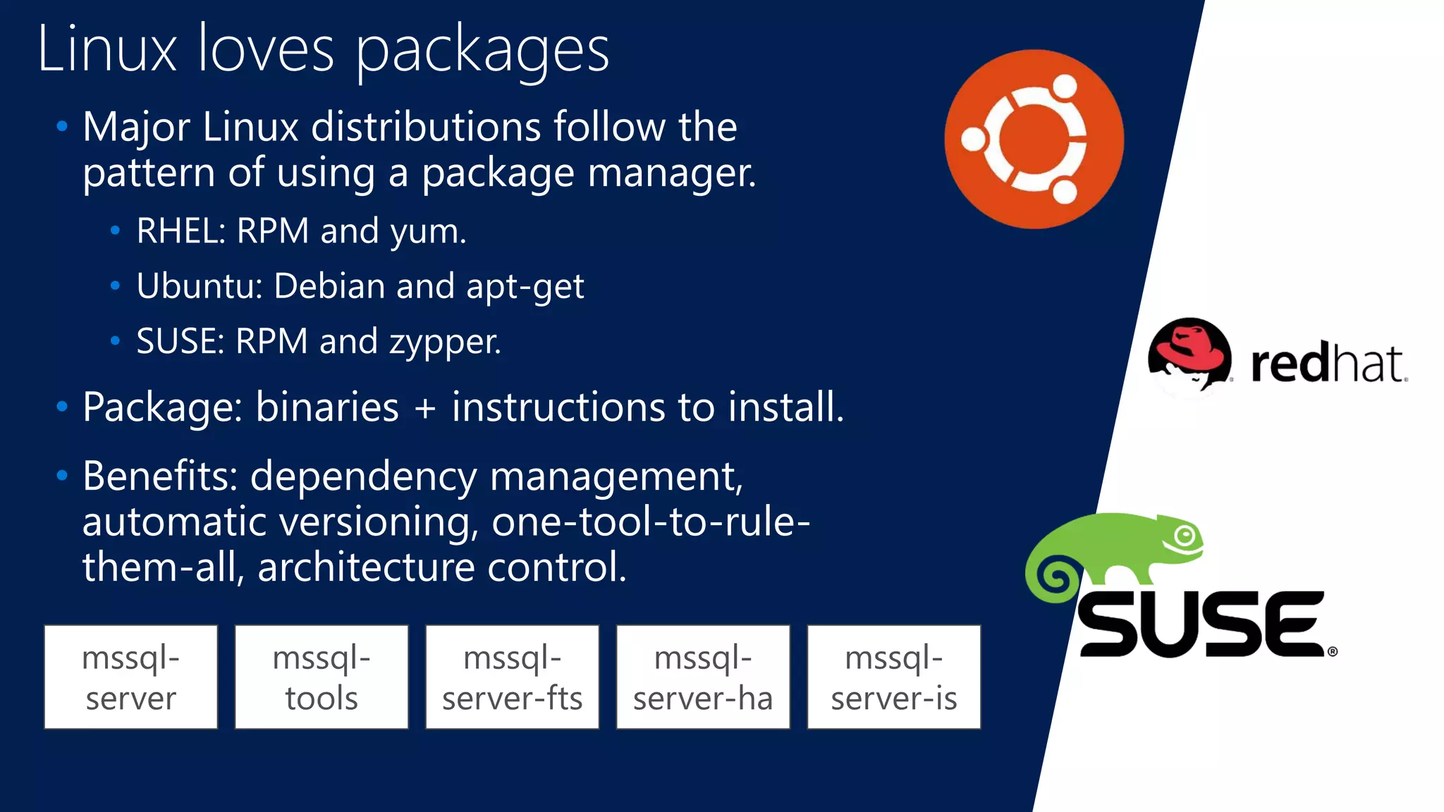 Linux loves packages
• Major Linux distributions follow the
pattern of using a package manager.
• RHEL: RPM and yum.
• Ubuntu: Debian and apt-get
• SUSE: RPM and zypper.
• Package: binaries + instructions to install.
• Benefits: dependency management,
automatic versioning, one-tool-to-rule-
them-all, architecture control.
mssql-
server
mssql-
tools
mssql-
server-fts
mssql-
server-ha
mssql-
server-is
 