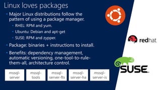 Linux loves packages
• Major Linux distributions follow the
pattern of using a package manager.
• RHEL: RPM and yum.
• Ubuntu: Debian and apt-get
• SUSE: RPM and zypper.
• Package: binaries + instructions to install.
• Benefits: dependency management,
automatic versioning, one-tool-to-rule-
them-all, architecture control.
mssql-
server
mssql-
tools
mssql-
server-fts
mssql-
server-ha
mssql-
server-is
 