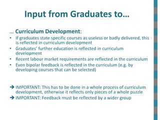 Input from Graduates to…
… Curriculum Development:
• If graduates state specific courses as useless or badly delivered, this
is reflected in curriculum development
• Graduates’ further education is reflected in curriculum
development
• Recent labour market requirements are reflected in the curriculum
• Even bipolar feedback is reflected in the curriculum (e.g. by
developing courses that can be selected)
 IMPORTANT: This has to be done in a whole process of curriculum
development, otherwise it reflects only pieces of a whole puzzle
 IMPORTANT: Feedback must be reflected by a wider group
 