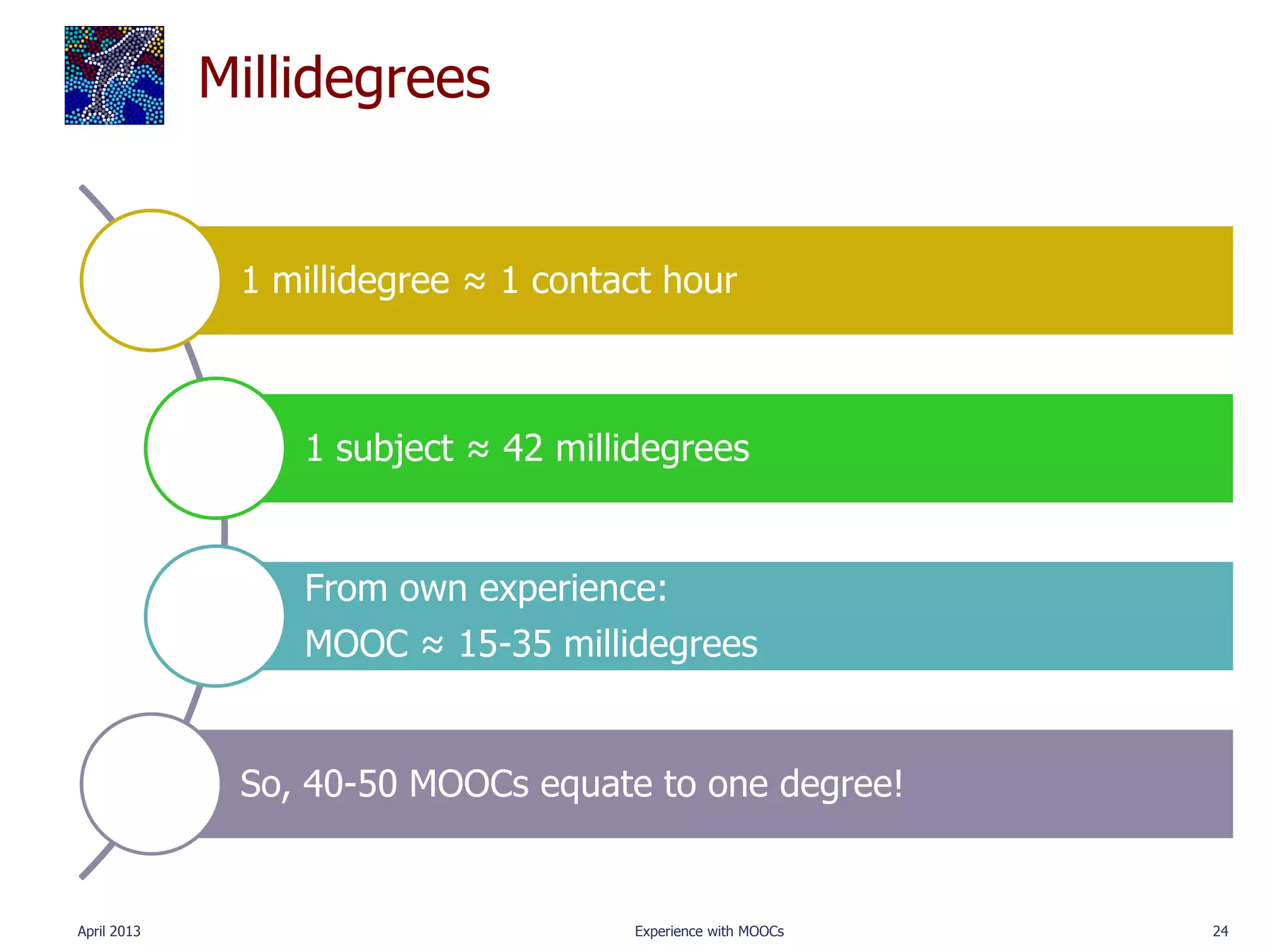 Millidegrees


              1 millidegree ≈ 1 contact hour



                 1 subject ≈ 42 millidegrees


                 From own experience:
                 MOOC ≈ 15-35 millidegrees


              So, 40-50 MOOCs equate to one degree!


April 2013                           Experience with MOOCs   24
 