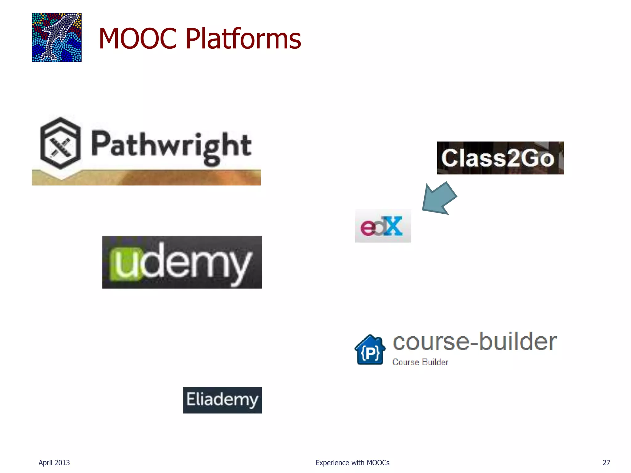 MOOC Platforms




April 2013                    Experience with MOOCs   27
 