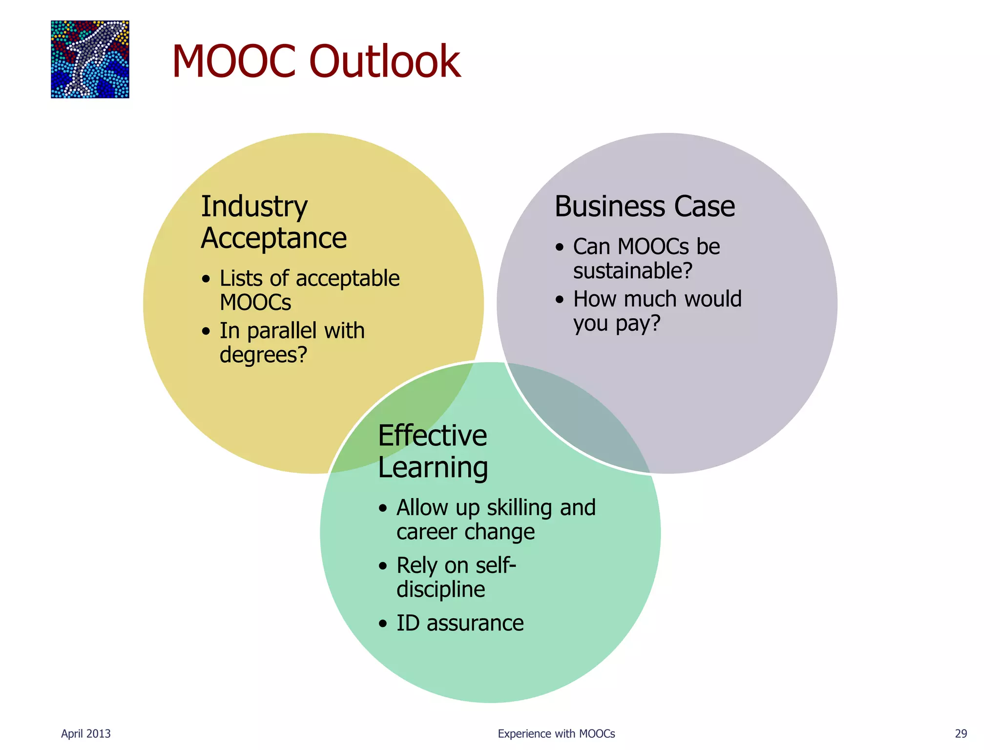 MOOC Outlook


              Industry                                Business Case
              Acceptance                              • Can MOOCs be
              • Lists of acceptable                     sustainable?
                MOOCs                                 • How much would
              • In parallel with                        you pay?
                degrees?


                                Effective
                                Learning
                                • Allow up skilling and
                                  career change
                                • Rely on self-
                                  discipline
                                • ID assurance



April 2013                                  Experience with MOOCs        29
 