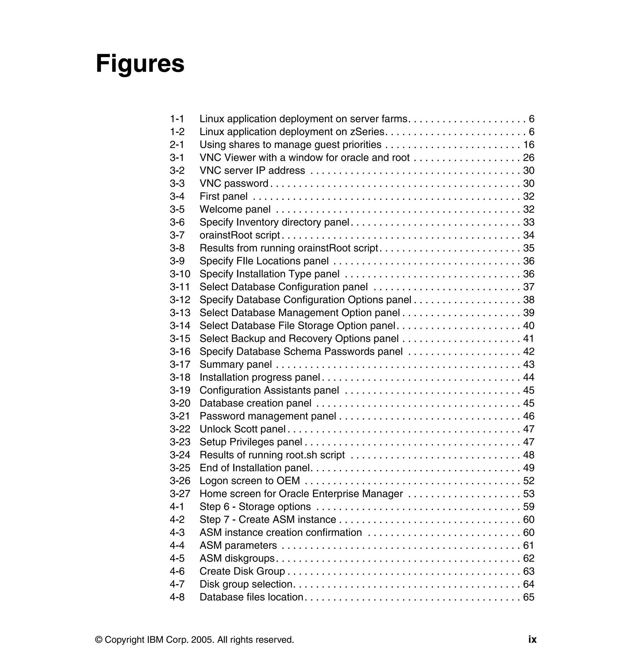 Figures

                 1-1     Linux application deployment on server farms. . . . . . . . . . . . . . . . . . . . . 6
                 1-2     Linux application deployment on zSeries. . . . . . . . . . . . . . . . . . . . . . . . . 6
                 2-1     Using shares to manage guest priorities . . . . . . . . . . . . . . . . . . . . . . . . 16
                 3-1     VNC Viewer with a window for oracle and root . . . . . . . . . . . . . . . . . . . 26
                 3-2     VNC server IP address . . . . . . . . . . . . . . . . . . . . . . . . . . . . . . . . . . . . . 30
                 3-3     VNC password . . . . . . . . . . . . . . . . . . . . . . . . . . . . . . . . . . . . . . . . . . . . 30
                 3-4     First panel . . . . . . . . . . . . . . . . . . . . . . . . . . . . . . . . . . . . . . . . . . . . . . . 32
                 3-5     Welcome panel . . . . . . . . . . . . . . . . . . . . . . . . . . . . . . . . . . . . . . . . . . . 32
                 3-6     Specify Inventory directory panel . . . . . . . . . . . . . . . . . . . . . . . . . . . . . . 33
                 3-7     orainstRoot script . . . . . . . . . . . . . . . . . . . . . . . . . . . . . . . . . . . . . . . . . . 34
                 3-8     Results from running orainstRoot script . . . . . . . . . . . . . . . . . . . . . . . . . 35
                 3-9     Specify FIle Locations panel . . . . . . . . . . . . . . . . . . . . . . . . . . . . . . . . . 36
                 3-10    Specify Installation Type panel . . . . . . . . . . . . . . . . . . . . . . . . . . . . . . . 36
                 3-11    Select Database Configuration panel . . . . . . . . . . . . . . . . . . . . . . . . . . 37
                 3-12    Specify Database Configuration Options panel . . . . . . . . . . . . . . . . . . . 38
                 3-13    Select Database Management Option panel . . . . . . . . . . . . . . . . . . . . . 39
                 3-14    Select Database File Storage Option panel . . . . . . . . . . . . . . . . . . . . . . 40
                 3-15    Select Backup and Recovery Options panel . . . . . . . . . . . . . . . . . . . . . 41
                 3-16    Specify Database Schema Passwords panel . . . . . . . . . . . . . . . . . . . . 42
                 3-17    Summary panel . . . . . . . . . . . . . . . . . . . . . . . . . . . . . . . . . . . . . . . . . . . 43
                 3-18    Installation progress panel . . . . . . . . . . . . . . . . . . . . . . . . . . . . . . . . . . . 44
                 3-19    Configuration Assistants panel . . . . . . . . . . . . . . . . . . . . . . . . . . . . . . . 45
                 3-20    Database creation panel . . . . . . . . . . . . . . . . . . . . . . . . . . . . . . . . . . . . 45
                 3-21    Password management panel . . . . . . . . . . . . . . . . . . . . . . . . . . . . . . . . 46
                 3-22    Unlock Scott panel . . . . . . . . . . . . . . . . . . . . . . . . . . . . . . . . . . . . . . . . . 47
                 3-23    Setup Privileges panel . . . . . . . . . . . . . . . . . . . . . . . . . . . . . . . . . . . . . . 47
                 3-24    Results of running root.sh script . . . . . . . . . . . . . . . . . . . . . . . . . . . . . . 48
                 3-25    End of Installation panel. . . . . . . . . . . . . . . . . . . . . . . . . . . . . . . . . . . . . 49
                 3-26    Logon screen to OEM . . . . . . . . . . . . . . . . . . . . . . . . . . . . . . . . . . . . . . 52
                 3-27    Home screen for Oracle Enterprise Manager . . . . . . . . . . . . . . . . . . . . 53
                 4-1     Step 6 - Storage options . . . . . . . . . . . . . . . . . . . . . . . . . . . . . . . . . . . . 59
                 4-2     Step 7 - Create ASM instance . . . . . . . . . . . . . . . . . . . . . . . . . . . . . . . . 60
                 4-3     ASM instance creation confirmation . . . . . . . . . . . . . . . . . . . . . . . . . . . 60
                 4-4     ASM parameters . . . . . . . . . . . . . . . . . . . . . . . . . . . . . . . . . . . . . . . . . . 61
                 4-5     ASM diskgroups . . . . . . . . . . . . . . . . . . . . . . . . . . . . . . . . . . . . . . . . . . . 62
                 4-6     Create Disk Group . . . . . . . . . . . . . . . . . . . . . . . . . . . . . . . . . . . . . . . . . 63
                 4-7     Disk group selection. . . . . . . . . . . . . . . . . . . . . . . . . . . . . . . . . . . . . . . . 64
                 4-8     Database files location . . . . . . . . . . . . . . . . . . . . . . . . . . . . . . . . . . . . . . 65



© Copyright IBM Corp. 2005. All rights reserved.                                                                                  ix
 