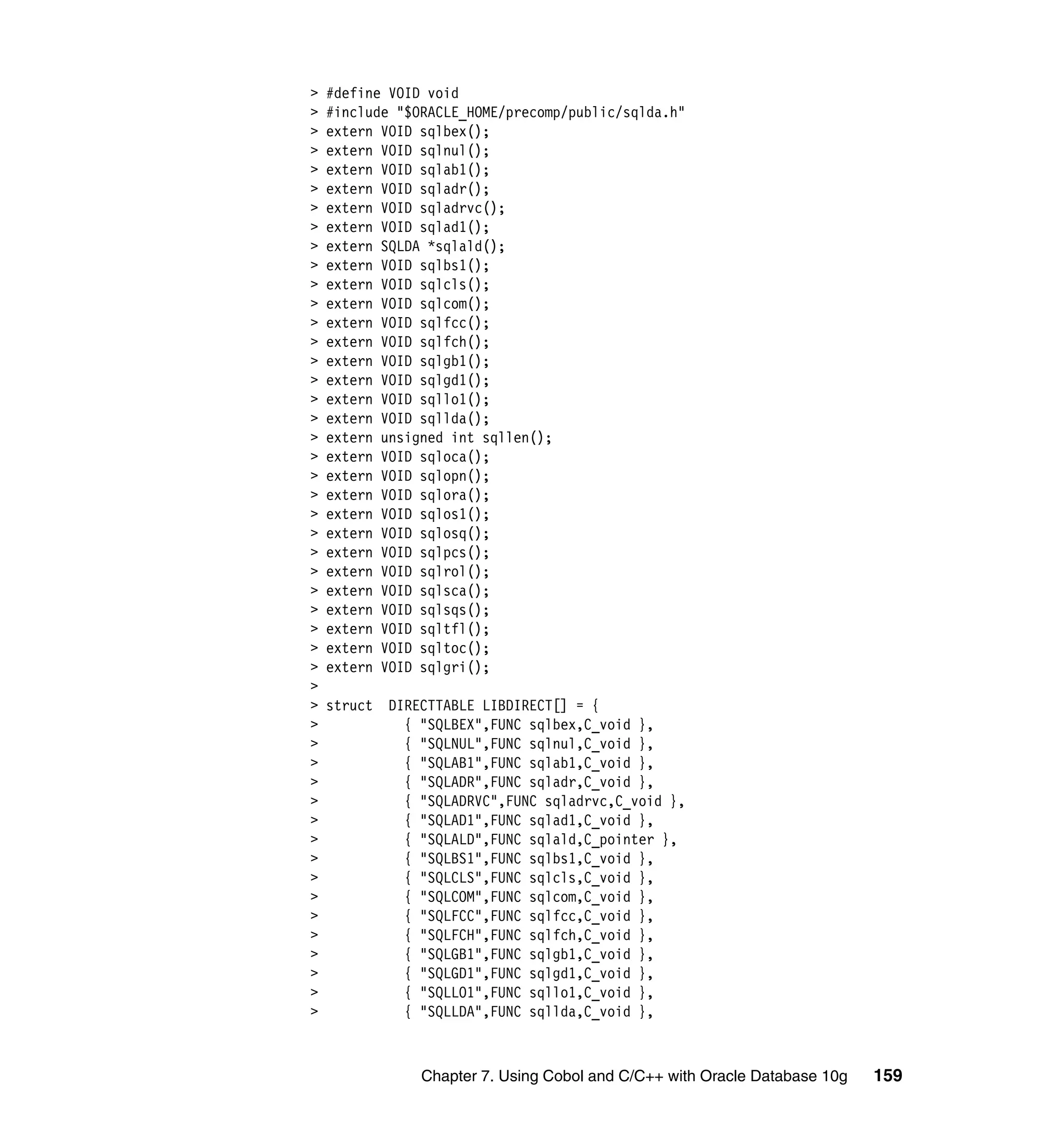 >   #define VOID void
>   #include "$ORACLE_HOME/precomp/public/sqlda.h"
>   extern VOID sqlbex();
>   extern VOID sqlnul();
>   extern VOID sqlab1();
>   extern VOID sqladr();
>   extern VOID sqladrvc();
>   extern VOID sqlad1();
>   extern SQLDA *sqlald();
>   extern VOID sqlbs1();
>   extern VOID sqlcls();
>   extern VOID sqlcom();
>   extern VOID sqlfcc();
>   extern VOID sqlfch();
>   extern VOID sqlgb1();
>   extern VOID sqlgd1();
>   extern VOID sqllo1();
>   extern VOID sqllda();
>   extern unsigned int sqllen();
>   extern VOID sqloca();
>   extern VOID sqlopn();
>   extern VOID sqlora();
>   extern VOID sqlos1();
>   extern VOID sqlosq();
>   extern VOID sqlpcs();
>   extern VOID sqlrol();
>   extern VOID sqlsca();
>   extern VOID sqlsqs();
>   extern VOID sqltfl();
>   extern VOID sqltoc();
>   extern VOID sqlgri();
>
>   struct   DIRECTTABLE LIBDIRECT[] = {
>              { "SQLBEX",FUNC sqlbex,C_void },
>              { "SQLNUL",FUNC sqlnul,C_void },
>              { "SQLAB1",FUNC sqlab1,C_void },
>              { "SQLADR",FUNC sqladr,C_void },
>              { "SQLADRVC",FUNC sqladrvc,C_void },
>              { "SQLAD1",FUNC sqlad1,C_void },
>              { "SQLALD",FUNC sqlald,C_pointer },
>              { "SQLBS1",FUNC sqlbs1,C_void },
>              { "SQLCLS",FUNC sqlcls,C_void },
>              { "SQLCOM",FUNC sqlcom,C_void },
>              { "SQLFCC",FUNC sqlfcc,C_void },
>              { "SQLFCH",FUNC sqlfch,C_void },
>              { "SQLGB1",FUNC sqlgb1,C_void },
>              { "SQLGD1",FUNC sqlgd1,C_void },
>              { "SQLLO1",FUNC sqllo1,C_void },
>              { "SQLLDA",FUNC sqllda,C_void },



                 Chapter 7. Using Cobol and C/C++ with Oracle Database 10g   159
 