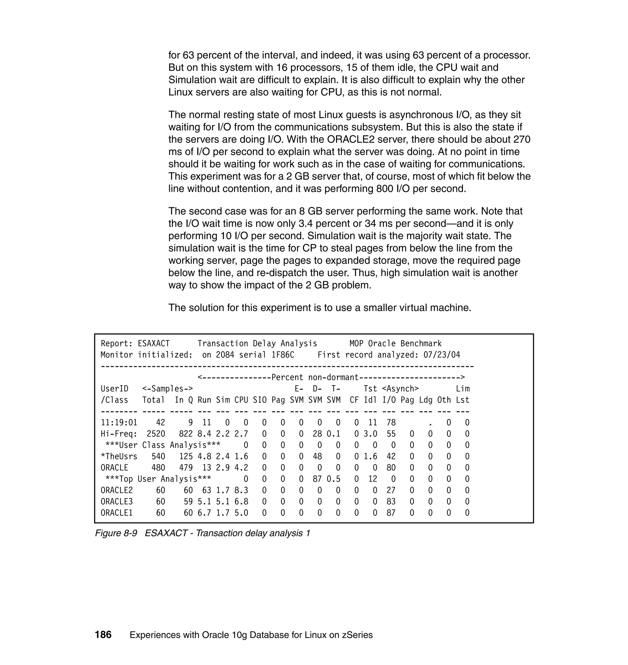 for 63 percent of the interval, and indeed, it was using 63 percent of a processor.
                But on this system with 16 processors, 15 of them idle, the CPU wait and
                Simulation wait are difficult to explain. It is also difficult to explain why the other
                Linux servers are also waiting for CPU, as this is not normal.

                The normal resting state of most Linux guests is asynchronous I/O, as they sit
                waiting for I/O from the communications subsystem. But this is also the state if
                the servers are doing I/O. With the ORACLE2 server, there should be about 270
                ms of I/O per second to explain what the server was doing. At no point in time
                should it be waiting for work such as in the case of waiting for communications.
                This experiment was for a 2 GB server that, of course, most of which fit below the
                line without contention, and it was performing 800 I/O per second.

                The second case was for an 8 GB server performing the same work. Note that
                the I/O wait time is now only 3.4 percent or 34 ms per second—and it is only
                performing 10 I/O per second. Simulation wait is the majority wait state. The
                simulation wait is the time for CP to steal pages from below the line from the
                working server, page the pages to expanded storage, move the required page
                below the line, and re-dispatch the user. Thus, high simulation wait is another
                way to show the impact of the 2 GB problem.

                The solution for this experiment is to use a smaller virtual machine.


 Report: ESAXACT      Transaction Delay Analysis        MOP Oracle Benchmark
 Monitor initialized: on 2084 serial 1F86C       First record analyzed: 07/23/04
 ---------------------------------------------------------------------------------
                      <---------------Percent non-dormant---------------------->
 UserID   <-Samples->                      E- D- T-        Tst <Asynch>        Lim
 /Class   Total In Q Run Sim CPU SIO Pag SVM SVM SVM CF Idl I/O Pag Ldg Oth Lst
 -------- ----- ----- --- --- --- --- --- --- --- --- --- --- --- --- --- --- ---
 11:19:01    42     9 11    0   0 0     0 0      0   0 0 11 78           . 0     0
 Hi-Freq: 2520    822 8.4 2.2 2.7 0     0 0 28 0.1 0 3.0 55          0   0 0     0
  ***User Class Analysis***     0 0     0 0      0   0 0     0 0     0   0 0     0
 *TheUsrs   540   125 4.8 2.4 1.6 0     0 0 48       0 0 1.6 42      0   0 0     0
 ORACLE     480   479 13 2.9 4.2 0      0 0      0   0 0     0 80    0   0 0     0
  ***Top User Analysis***       0 0     0 0 87 0.5 0 12 0            0   0 0     0
 ORACLE2     60    60 63 1.7 8.3 0      0 0      0   0 0     0 27    0   0 0     0
 ORACLE3     60    59 5.1 5.1 6.8 0     0 0      0   0 0     0 83    0   0 0     0
 ORACLE1     60    60 6.7 1.7 5.0 0     0 0      0   0 0     0 87    0   0 0     0

Figure 8-9 ESAXACT - Transaction delay analysis 1




186    Experiences with Oracle 10g Database for Linux on zSeries
 