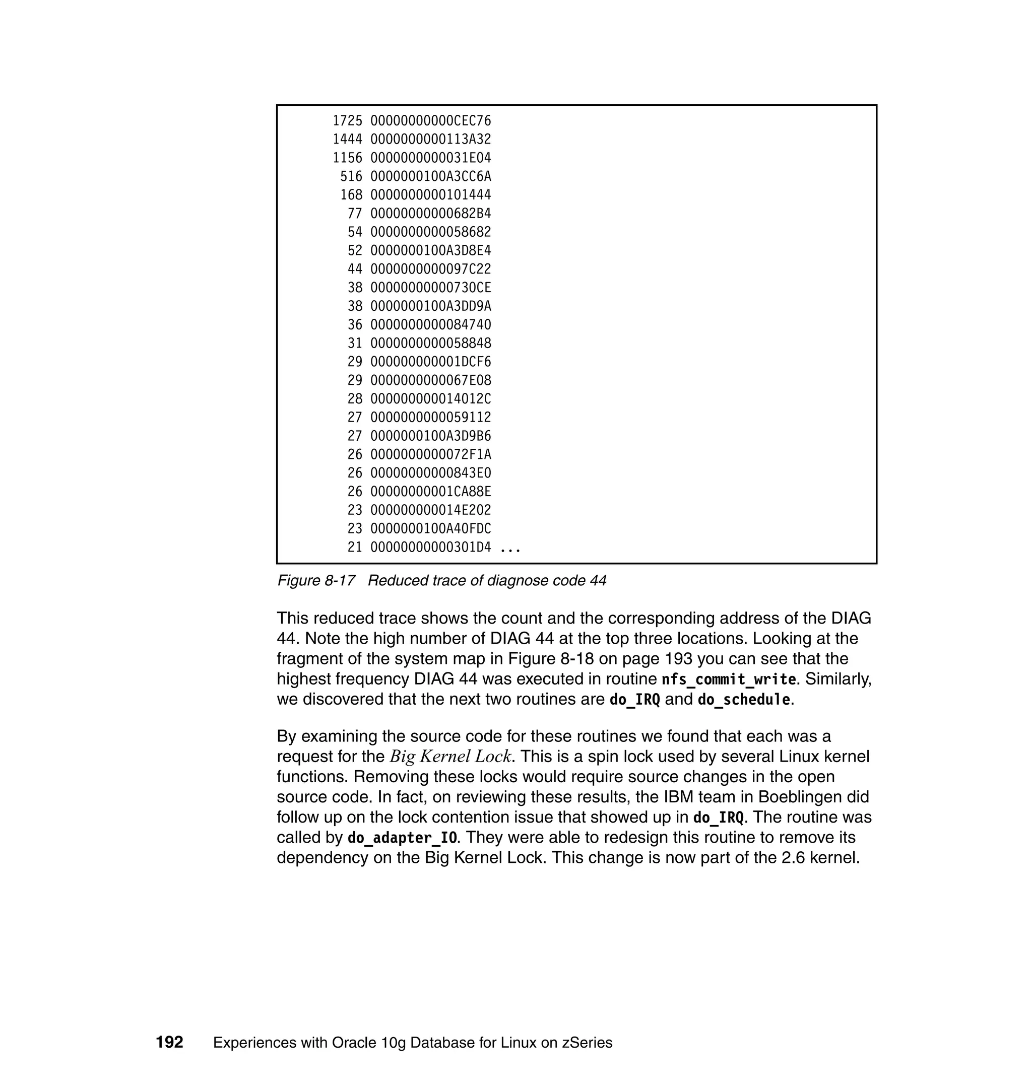 1725   00000000000CEC76
                       1444   0000000000113A32
                       1156   0000000000031E04
                        516   0000000100A3CC6A
                        168   0000000000101444
                         77   00000000000682B4
                         54   0000000000058682
                         52   0000000100A3D8E4
                         44   0000000000097C22
                         38   00000000000730CE
                         38   0000000100A3DD9A
                         36   0000000000084740
                         31   0000000000058848
                         29   000000000001DCF6
                         29   0000000000067E08
                         28   000000000014012C
                         27   0000000000059112
                         27   0000000100A3D9B6
                         26   0000000000072F1A
                         26   00000000000843E0
                         26   00000000001CA88E
                         23   000000000014E202
                         23   0000000100A40FDC
                         21   00000000000301D4 ...

               Figure 8-17 Reduced trace of diagnose code 44

               This reduced trace shows the count and the corresponding address of the DIAG
               44. Note the high number of DIAG 44 at the top three locations. Looking at the
               fragment of the system map in Figure 8-18 on page 193 you can see that the
               highest frequency DIAG 44 was executed in routine nfs_commit_write. Similarly,
               we discovered that the next two routines are do_IRQ and do_schedule.

               By examining the source code for these routines we found that each was a
               request for the Big Kernel Lock. This is a spin lock used by several Linux kernel
               functions. Removing these locks would require source changes in the open
               source code. In fact, on reviewing these results, the IBM team in Boeblingen did
               follow up on the lock contention issue that showed up in do_IRQ. The routine was
               called by do_adapter_IO. They were able to redesign this routine to remove its
               dependency on the Big Kernel Lock. This change is now part of the 2.6 kernel.




192   Experiences with Oracle 10g Database for Linux on zSeries
 