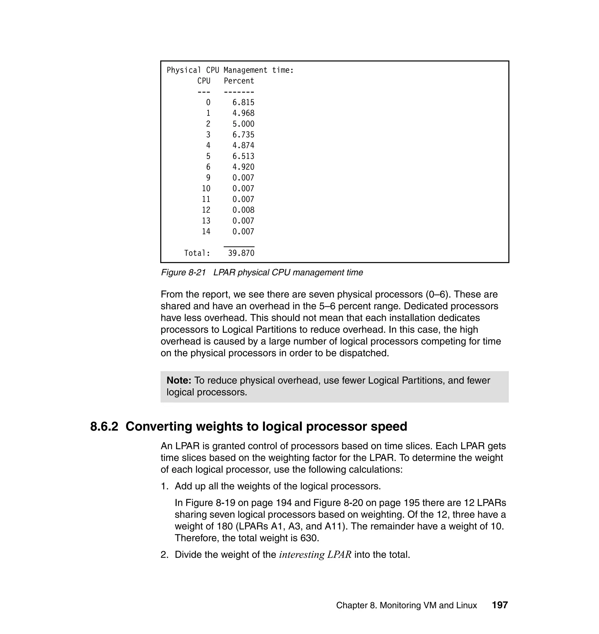 Physical CPU Management time:
                   CPU   Percent
                   ---   -------
                     0     6.815
                     1     4.968
                     2     5.000
                     3     6.735
                     4     4.874
                     5     6.513
                     6     4.920
                     9     0.007
                    10     0.007
                    11     0.007
                    12     0.008
                    13     0.007
                    14     0.007
                         _______
                Total:    39.870

           Figure 8-21 LPAR physical CPU management time

           From the report, we see there are seven physical processors (0–6). These are
           shared and have an overhead in the 5–6 percent range. Dedicated processors
           have less overhead. This should not mean that each installation dedicates
           processors to Logical Partitions to reduce overhead. In this case, the high
           overhead is caused by a large number of logical processors competing for time
           on the physical processors in order to be dispatched.

            Note: To reduce physical overhead, use fewer Logical Partitions, and fewer
            logical processors.


8.6.2 Converting weights to logical processor speed
           An LPAR is granted control of processors based on time slices. Each LPAR gets
           time slices based on the weighting factor for the LPAR. To determine the weight
           of each logical processor, use the following calculations:
           1. Add up all the weights of the logical processors.
              In Figure 8-19 on page 194 and Figure 8-20 on page 195 there are 12 LPARs
              sharing seven logical processors based on weighting. Of the 12, three have a
              weight of 180 (LPARs A1, A3, and A11). The remainder have a weight of 10.
              Therefore, the total weight is 630.
           2. Divide the weight of the interesting LPAR into the total.




                                                     Chapter 8. Monitoring VM and Linux   197
 