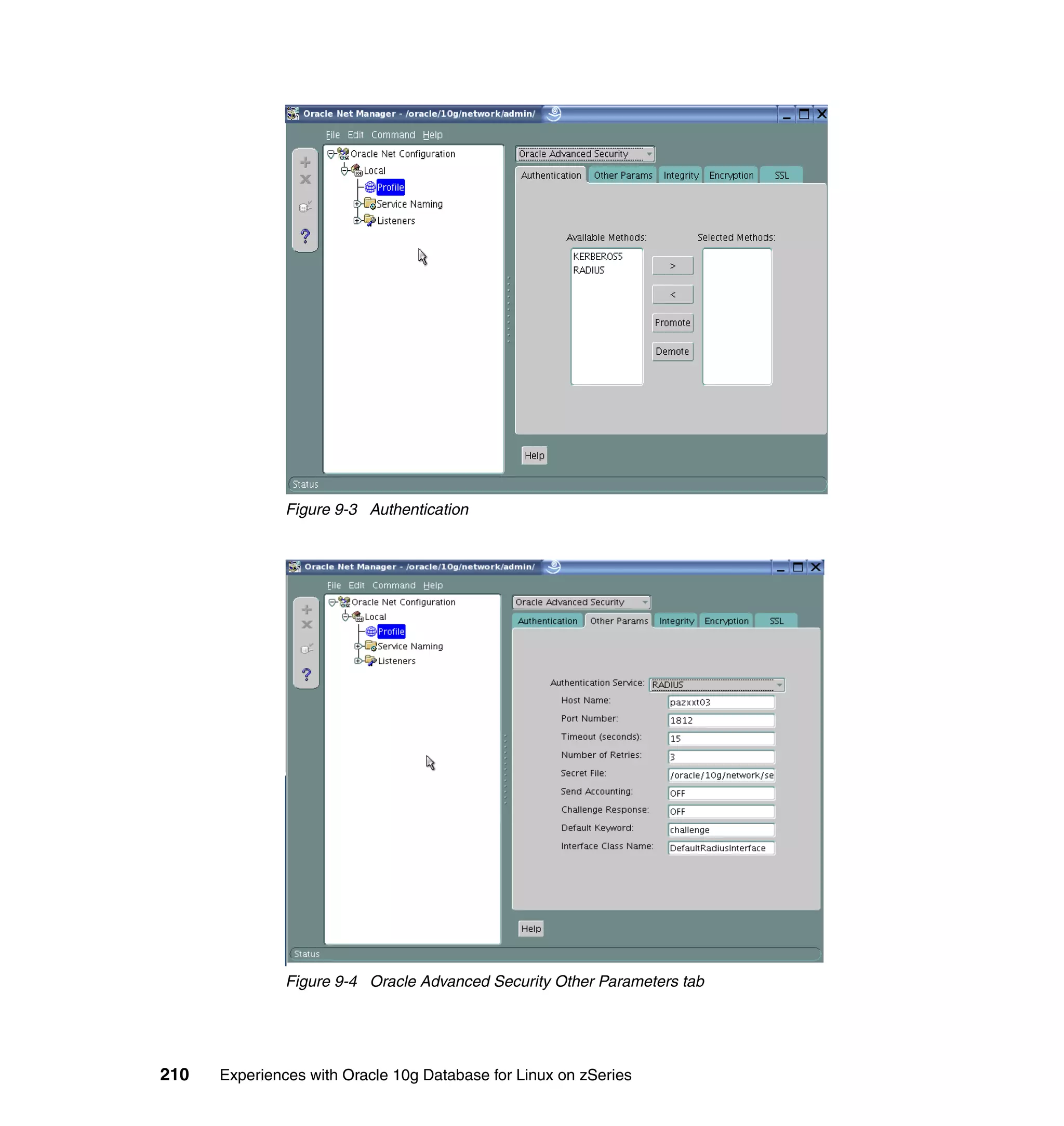 Figure 9-3 Authentication




               Figure 9-4 Oracle Advanced Security Other Parameters tab




210   Experiences with Oracle 10g Database for Linux on zSeries
 
