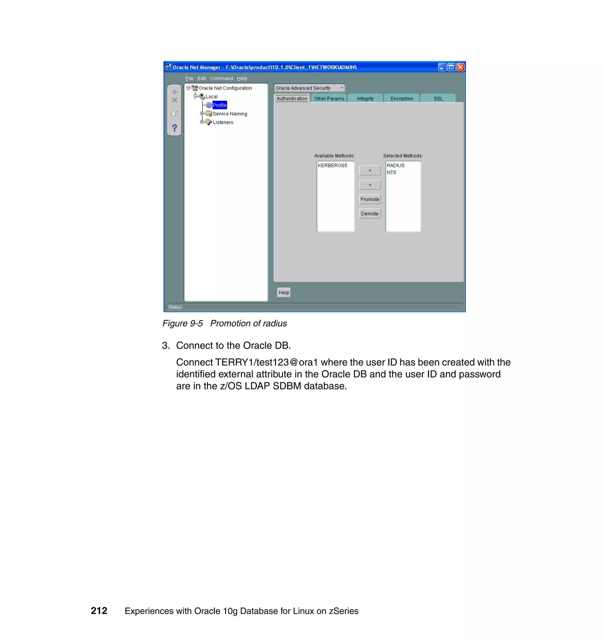 Figure 9-5 Promotion of radius

               3. Connect to the Oracle DB.
                  Connect TERRY1/test123@ora1 where the user ID has been created with the
                  identified external attribute in the Oracle DB and the user ID and password
                  are in the z/OS LDAP SDBM database.




212   Experiences with Oracle 10g Database for Linux on zSeries
 