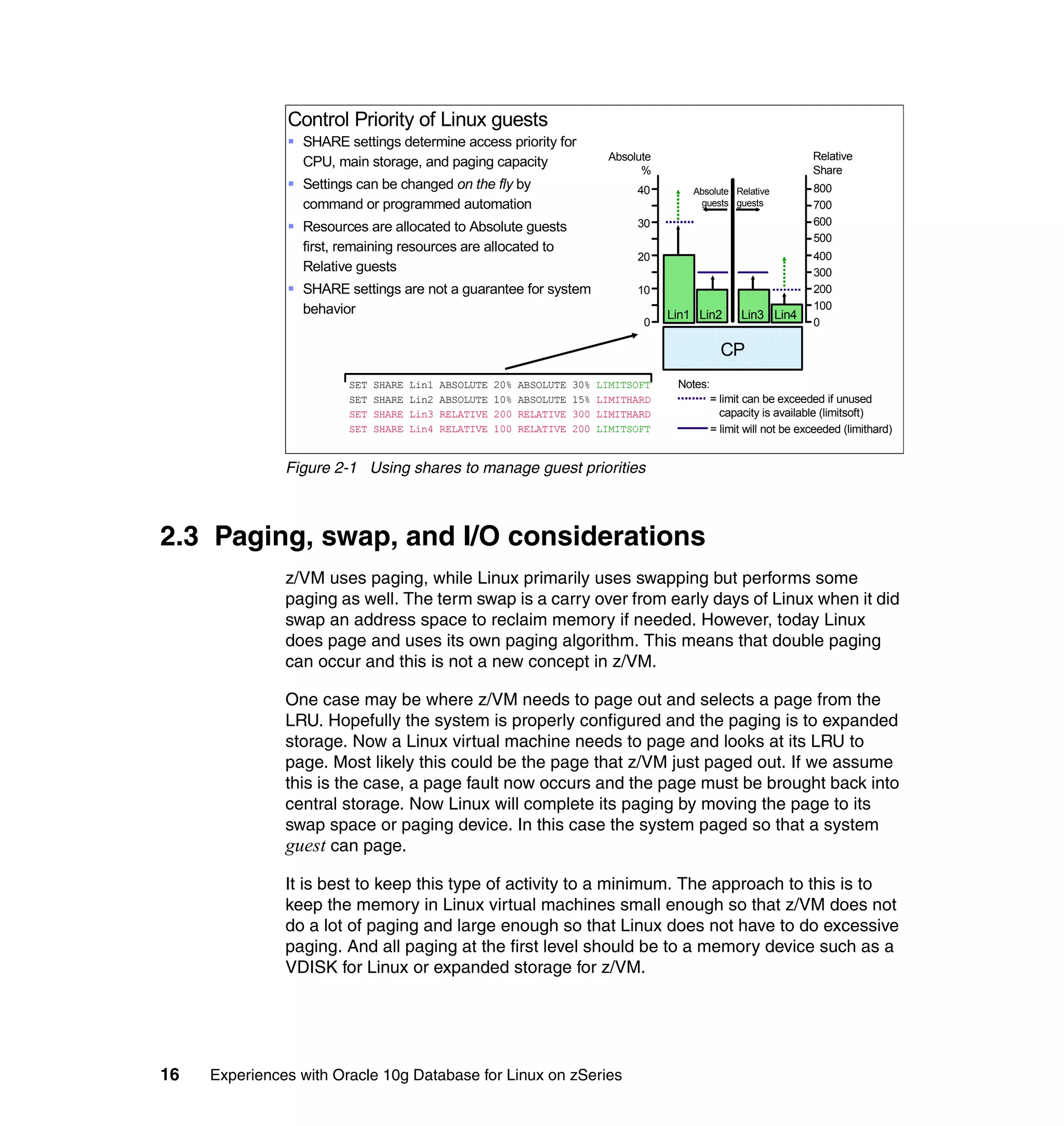 Control Priority of Linux guests
                 SHARE settings determine access priority for
                                                                                 Absolute                                   Relative
                 CPU, main storage, and paging capacity
                                                                                       %                                    Share
                 Settings can be changed on the fly by                                40        Absolute Relative           800
                 command or programmed automation                                                guests guests              700
                                                                                      30                                    600
                 Resources are allocated to Absolute guests
                                                                                                                            500
                 first, remaining resources are allocated to
                                                                                      20                                    400
                 Relative guests                                                                                            300
                 SHARE settings are not a guarantee for system                        10                                    200
                 behavior                                                                                                   100
                                                                                            Lin1 Lin2       Lin3 Lin4
                                                                                       0                                    0

                                                                                                        CP
                        SET   SHARE   Lin1   ABSOLUTE   20%   ABSOLUTE   30%   LIMITSOFT     Notes:
                        SET   SHARE   Lin2   ABSOLUTE   10%   ABSOLUTE   15%   LIMITHARD              = limit can be exceeded if unused
                        SET   SHARE   Lin3   RELATIVE   200   RELATIVE   300   LIMITHARD                capacity is available (limitsoft)
                        SET   SHARE   Lin4   RELATIVE   100   RELATIVE   200   LIMITSOFT              = limit will not be exceeded (limithard)


               Figure 2-1 Using shares to manage guest priorities



2.3 Paging, swap, and I/O considerations
               z/VM uses paging, while Linux primarily uses swapping but performs some
               paging as well. The term swap is a carry over from early days of Linux when it did
               swap an address space to reclaim memory if needed. However, today Linux
               does page and uses its own paging algorithm. This means that double paging
               can occur and this is not a new concept in z/VM.

               One case may be where z/VM needs to page out and selects a page from the
               LRU. Hopefully the system is properly configured and the paging is to expanded
               storage. Now a Linux virtual machine needs to page and looks at its LRU to
               page. Most likely this could be the page that z/VM just paged out. If we assume
               this is the case, a page fault now occurs and the page must be brought back into
               central storage. Now Linux will complete its paging by moving the page to its
               swap space or paging device. In this case the system paged so that a system
               guest can page.

               It is best to keep this type of activity to a minimum. The approach to this is to
               keep the memory in Linux virtual machines small enough so that z/VM does not
               do a lot of paging and large enough so that Linux does not have to do excessive
               paging. And all paging at the first level should be to a memory device such as a
               VDISK for Linux or expanded storage for z/VM.




16   Experiences with Oracle 10g Database for Linux on zSeries
 