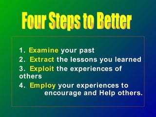 1. Examine your past
2. Extract the lessons you learned
3. Exploit the experiences of
others
4. Employ your experiences to
       encourage and Help others.
 