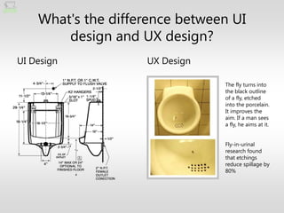 What's the difference between UI
        design and UX design?
UI Design           UX Design

                                The fly turns into
                                the black outline
                                of a fly, etched
                                into the porcelain.
                                It improves the
                                aim. If a man sees
                                a fly, he aims at it.


                                Fly-in-urinal
                                research found
                                that etchings
                                reduce spillage by
                                80%
 