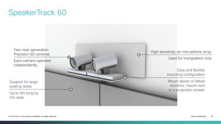Cisco Confidential 23© 2013-2014 Cisco and/or its affiliates. All rights reserved.
Two next-generation
Precision 60 cameras
High sensitivity six microphone array
Easy and flexible
mounting configuration
Up to 9m long by
5m wide
Support for large
seating areas
Each camera operates
independently
Used for triangulation only
Mount above or below
monitors; mount next
to a projection screen
SpeakerTrack 60
 