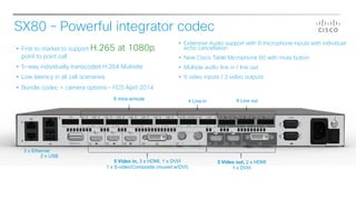 SX80 – Powerful integrator codec
3 x Ethernet
3 Video out, 2 x HDMI
1 x DVI/I
5 Video in, 3 x HDMI, 1 x DVI/I
1 x S-video/Composite (muxed w/DVI)
2 x USB
8 mics w/mute 4 Line in 6 Line out
• First to market to support H.265 at 1080p,
point to point call
• 5-way individually transcoded H.264 Multisite
• Low latency in all call scenarios
• Bundle codec + camera options – FCS April 2014
• Extensive Audio support with 8 microphone inputs with individual
echo cancellation
• New Cisco Table Microphone 60 with mute button
• Multiple audio line in / line out
• 5 video inputs / 3 video outputs
 