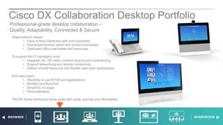 Cisco Confidential 38© 2013-2014 Cisco and/or its affiliates. All rights reserved.
Cisco DX Collaboration Desktop Portfolio
Professional-grade desktop collaboration –
Quality, Adaptability, Connected & Secure
May 2014
Organizations require
• Face-to-face interaction with end customers
• Connected workers within and across businesses
• Optimized office real-estate and resources
To support this IT managers must
• Integrate UC, HD video, content sharing and conferencing
• Support teleworking and remote connectivity
• Deliver shared resources and flexible open-plan workspaces
End users want
• Flexibility to use BYOD and applications
• Mobility and flexi-time
• Simplicity of usage
• Personalization
The DX Series embraces these goals with scale, security and affordability.
BOARDROOMBROWSER
 