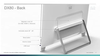 Cisco Confidential 41© 2013-2014 Cisco and/or its affiliates. All rights reserved.
USB input
DX80 - Back
Volume rocker
Magnetic cover lid
(3x USB, HDMI-in, Ethernet)
Inclinable stand 38°-85°
Mute button
 