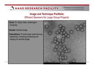 Image and Technique Portfolio:
                   Efficient Sessions for Large Group Projects
Client: Dr. Kathy Hafer, Washington
University

Sample: lambda phage

Expectations: Provide large scale learning
experiment, including processing and
imaging for lambda phage
 