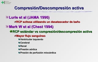 CCoommpprreessiióónn//DDeessccoommpprreessiióónn aaccttiivvaa 
LLuurriiee eett aall ((JJAAMMAA 11999900)) 
RRCCPP eexxiittoossaa uuttiilliizzaannddoo uunn ddeessaattaassccaaddoorr ddee bbaaññoo 
MMaarrkk WW eett aall ((CChheesstt 11999944)) 
RRCCPP eessttáánnddaarr vvss ccoommpprreessiióónn//ddeessccoommpprreessiióónn aaccttiivvaa 
MMaayyoorr fflluujjoo ssaanngguuíínneeoo 
VVeennttrriiccuullaarr iizzqquuiieerrddoo 
CCeerreebbrraall 
RReennaall 
PPrreessiióónn aaóórrttiiccaa 
PPrreessiióónn ddee ppeerrffuussiióónn mmiiooccáárrddiiccaa 
 