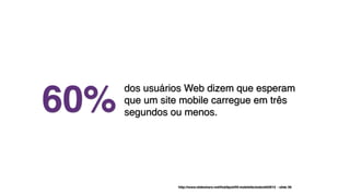 http://www.slideshare.net/HubSpot/50-mobilefactsdeck62812 - slide 36
dos usuários Web dizem que esperam
que um site mobile carregue em três
segundos ou menos.60%
 