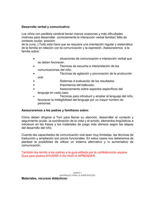 Desarrollo verbal y comunicativo:

Los niños con parálisis cerebral tienen menos ocasiones y más dificultades
motrices para desarrollar correctamente la interacción verbal familiar( falta de
contacto ocular, posición
de la cuna..).Todo esto hace que se requiera una orientación regular y sistemática
de la familia en relación con la comunicación y la expresión. Asesoraremos a la
familia sobre:

        •                     situaciones de comunicación e interacción verbal que
            se deben favorecer.
        •                     Técnicas de escucha e interpretación de las
            comunicaciones del niño.
        •                     Técnicas de agitación y provocación de la producción
            oral.
        •                     Sistemas d evaluación de los resultados.
        •                     Importancia del balbuceo.
        •                     Asesoramiento sobre aspectos específicos del
            lenguaje en cada caso.
        •                     Técnicas para introducir y ampliar el lenguaje del niño,
            favorecer la inteligibilidad del lenguaje por un mayor número de
            personas.

Asesoraremos a los padres y familiares sobre:

Cómo deben dirigirse a Toni para llamar su atención, desarrollar el contacto y
seguimiento ocular, la coordinación de la vista y el sonido, elementos lingüísticos a
introducir en las frases y los materiales de juego más idóneos según las etapas
del desarrollo del niño.

Cuando las capacidades de comunicación oral sean muy limitadas, las técnicas de
traducción y ampliación son pocos funcionales. En estos casos nos deberemos de
plantear la posibilidad de utilizar un sistema alternativo y /o aumentativo de
comunicación.

También les remito a los padres a la guia editada por la confederación aspace
Guia para padres AYUDAR A SU HIJO A APRENDER.




                                         ANEXO 1
                             MATERIALES PARA LA INTERVENCIÓN
Materiales, recursos didácticos:
 