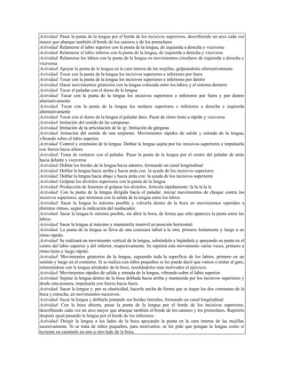 Actividad: Pasar la punta de la lengua por el borde de los incisivos superiores, describiendo un arco cada vez
mayor que abarque también el borde de los caninos y de los premolares
Actividad: Relamerse el labio superior con la punta de la lengua, de izquierda a derecha y viceversa
Actividad: Relamerse el labio inferior con la punta de la lengua, de izquierda a derecha y viceversa
Actividad: Relamerse los labios con la punta de la lengua en movimientos circulares de izquierda a derecha y
viceversa
Actividad: Apoyar la punta de la lengua en la cara interna de las mejillas, golpeándolas alternativamente
Actividad: Tocar con la punta de la lengua los incisivos superiores e inferiores por fuera
Actividad: Tocar con la punta de la lengua los incisivos superiores e inferiores por dentro
Actividad: Hacer movimientos giratorios con la lengua colocada entre los labios y el sistema dentario
Actividad: Tocar el paladar con el dorso de la lengua
Actividad: Tocar con la punta de la lengua los incisivos superiores e inferiores por fuera y por dentro
alternativamente
Actividad: Tocar con la punta de la lengua los molares superiores e inferiores a derecha e izquierda
alternativamente
Actividad: Tocar con el dorso de la lengua el paladar duro. Pasar de ritmo lento a rápido y viceversa
Actividad: Imitación del sonido de las campanas
Actividad: Imitación de la articulación de la /g/. Imitación de gárgaras
Actividad: Imitación del sonido de una serpiente. Movimientos rápidos de salida y entrada de la lengua,
vibrando sobre el labio superior
Actividad: Control y extensión de la lengua. Doblar la lengua sujeta por los incisivos superiores e impulsarla
con fuerza hacia afuera
Actividad: Toma de contacto con el paladar. Pasar la punta de la lengua por el centro del paladar de atrás
hacia delante y viceversa
Actividad: Doblar los bordes de la lengua hacia adentro, formando un canal longitudinal
Actividad: Doblar la lengua hacia arriba y hacia atrás con la ayuda de los incisivos superiores
Actividad: Doblar la lengua hacia abajo y hacia atrás con la ayuda de los incisivos superiores
Actividad: Golpear los alvéolos superiores con la punta de la lengua
Actividad: Producción de fonemas al golpear los alvéolos. Articula rápidamente: la la la la la
Actividad: Con la punta de la lengua dirigida hacia el paladar, iniciar movimientos de choque contra los
incisivos superiores, que terminen con la salida de la lengua entre los labios
Actividad: Sacar la lengua lo máximo posible y volverla dentro de la boca en movimientos repetidos a
distintos ritmos, según la indicación del reeducador.
Actividad: Sacar la lengua lo mínimo posible, sin abrir la boca, de forma que sólo aparezca la punta entre los
labios.
Actividad: Sacar la lengua al máximo y mantenerla inmóvil en posición horizontal.
Actividad: La punta de la lengua se lleva de una comisura labial a la otra, primero lentamente y luego a un
ritmo rápido.
Actividad: Se realizará un movimiento vertical de la lengua, subiéndola y bajándola y apoyando su punta en el
centro del labio superior y del inferior, respectivamente. Se repetirá este movimiento varias veces, primero a
ritmo lento y luego rápido.
Actividad: Movimientos giratorios de la lengua, siguiendo toda la superficie de los labios, primero en un
sentido y luego en el contrario. Si se realiza con niños pequeños se les puede decir que vamos a imitar al gato,
relamiéndose con la lengua alrededor de la boca, resultándoles más motivador el ejercicio.
Actividad: Movimientos rápidos de salida y entrada de la lengua, vibrando sobre el labio superior.
Actividad: Sujetar la lengua dentro de la boca doblada hacia arriba y mantenida por los incisivos superiores y
desde esta postura, impulsarla con fuerza hacia fuera.
Actividad: Sacar la lengua y, por su elasticidad, hacerla ancha de forma que se toque las dos comisuras de la
boca y estrecha, en movimientos sucesivos.
Actividad: Sacar la lengua y doblarla juntando sus bordes laterales, formando un canal longitudinal.
Actividad: Con la boca abierta, pasar la punta de la lengua por el borde de los incisivos superiores,
describiendo cada vez un arco mayor que abarque también el borde de los caninos y los premolares. Repetirlo
después igual pasando la lengua por el borde de los inferiores.
Actividad: Dirigir la lengua a los lados de la boca apoyando la punta en la cara interna de las mejillas
sucesivamente. Si se trata de niños pequeños, para motivarlos, se les pide que pongan la lengua como si
tuvieran un caramelo en uno u otro lado de la boca.
 