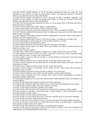 Actividad: Producir sonidos bilabiales /p/ /m/ /b/ procurando presionar los labios uno contra otro. Esta
actividad hay que realizarla con niños que puedan emitir sonidos, de manera que favorezca la iniciación
fonética que contribuirá a hacer los labios más flexibles.
Actividad: Realizar rápidos movimientos de unión y separación de labios, articulando /pápápápá/. Esta
actividad hay que realizarla con niños que puedan emitir sonidos, de manera que favorezca la iniciación
fonética que contribuirá a hacer los labios más flexibles.
Actividad: Dar besitos procurando explosionar los labios. Los besos pueden darse en diferentes direcciones:
hacia atrás, hacia la izquierda...
Actividad: Colocar un lápiz sobre el labio superior a modo de bigote.
Actividad: Coger un objeto con los labios e intentar cambiarlo de lugar.
Actividad: Con los labios juntos proyectarlos hacia la nariz como si fuera la trompa de un elefante.
Actividad: Mantener sellado labial mientras por dentro la lengua ejerce una presión contra las mejillas izda y
drcha a modo de caramelo.
Actividad: Mantener sellado labial mientras por dentro la lengua ejerce una presión contra la zona superior e
inferior de los labios a modo de mico.
Actividad: Mantener sellado labial mientras se llena la boca de agua y se traslada de una mejilla a otra.
Actividad: Inflar mejillas y realizar buches de aire de izquierda a derecha y en círculo.
Actividad: Con los labios proyectados abrir y cerrar.
Actividad: Realizar pellizquitos sobre los labios a modo de masaje para estimularlos.
Actividad: Aspirar con una pajita. Se le puede indicar que mediante este sistema el paciente traslade un
papelito de un lado a otro.
Actividad: Hacer pompas de jabón.
Actividad: Hacer vibrar los labios imitando el resoplido de un caballo. Procurar tomar aire por la nariz.
Actividad: Introducir en la boca un botón con un hilo y estirar del hilo hacia fuera, arriba o abajo procurando
que sólo trabajen los labios y no otras zonas compensatorias.
Actividad: Atrapar el cabo de un hilo con los labios e ir introduciéndolo en la boca poco a poco procurando
que sólo trabajen los labios.
Actividad: Colocar el depresor entre los dientes del niño. El niño debe intentar cerrar la boca.
Actividad: Colocar el depresor entre los dientes del niño. El niño debe realizar besitos procurando explosionar
sonoramente los labios.
Actividad: Colocar el depresor contra los labios del niño. El niño hace morritos.
Actividad: Colocar el depresor sosteniéndolo entre los labios del niño y hacer fuerza para evitar que el
logopeda lo saque de la boca.
Actividad: Introducir el depresor en la boca del niño ayudándose solo por los labios.
Actividad: Colocar el depresor entre los labios del niño mientras se emiten sonidos bilabiales.
Actividad: Colocar la pantalla en la boca e intentar cerrar y abrir los labios presionándolos con fuerza e
intentando conseguir sellado labial.
Actividad: Situar la pantalla en la boca del niño e intentar emitir sonidos bilabiales o frases con abundancia de
sonidos bilabiales.
Actividad: El niño alarga el labio superior cubriendo los incisivos superiores.
Actividad: El niño proyecta los labios hacia fuera y volver a la posición inicial finalizando con una sonrisa.
Actividad: El niño esconde los labios como si los fuéramos a succionar.
Actividad: El niño realiza movimientos circulares con los labios.
Actividad: El niño sonríe “de oreja a oreja” procurando en todo momento mantener los labios sellados.
Actividad: Consiste en reproducir el movimiento que se realiza cuando se mastica procurando en todo
momento mantener los labios sellados.
Actividad: El niño con la boca abierta intentar bostezar.
Actividad: El niño con la boca abierta hace como si estuvieses mascando chicle, de una manera exagerada.
Actividad: El niño con la boca cerrada intentar bostezar.
Actividad: El niño con la boca cerrada hace como si estuvieses mascando chicle, de una manera exagerada.
Actividad: El niño abre y cierra la boca. La lengua debe estar en reposo, no la debe apretar. La punta debe
estar apoyada en la parte inferior de los dientes.
Actividad: El niño abre mucho la boca hasta que ve en el espejo toda su garganta.
Actividad: El niño coloca los labios juntos, separa los labios un poco, los separa un poco más y finalmente los
junta de nuevo. El niño repite el ejercicio varias veces.
 