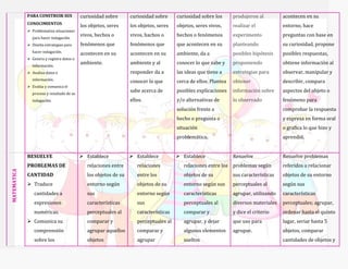 PARA CONSTRUIR SUS
CONOCIMIENTOS
 Problematiza situaciones
para hacer indagación.
 Diseña estrategias para
hacer indagación.
 Genera y registra datos o
información.
 Analiza datos e
información.
 Evalúa y comunica el
proceso y resultado de su
indagación.
curiosidad sobre
los objetos, seres
vivos, hechos o
fenómenos que
acontecen en su
ambiente.
curiosidad sobre
los objetos, seres
vivos, hachos o
fenómenos que
acontecen en su
ambiente y al
responder da a
conocer lo que
sabe acerca de
ellos.
curiosidad sobre los
objetos, seres vivos,
hechos o fenómenos
que acontecen en su
ambiente, da a
conocer lo que sabe y
las ideas que tiene a
cerca de ellos. Plantea
posibles explicaciones
y/o alternativas de
solución frente a
hecho o pregunta o
situación
problemática.
produjeron al
realizar el
experimento
planteando
posibles hipótesis
proponiendo
estrategias para
obtener
información sobre
lo observado
acontecen en su
entorno, hace
preguntas con base en
su curiosidad, propone
posibles respuestas,
obtiene información al
observar, manipular y
describir, compara
aspectos del objeto o
fenómeno para
comprobar la respuesta
y expresa en forma oral
o grafica lo que hizo y
aprendió.
RESUELVE
PROBLEMAS DE
CANTIDAD
 Traduce
cantidades a
expresiones
numéricas.
 Comunica su
comprensión
sobre los
 Establece
relaciones entre
los objetos de su
entorno según
sus
características
perceptuales al
comparar y
agrupar aquellos
objetos
 Establece
relaciones
entre los
objetos de su
entorno según
sus
características
perceptuales al
comparar y
agrupar
 Establece
relaciones entre los
objetos de su
entorno según sus
características
perceptuales al
comparar y
agrupar, y dejar
algunos elementos
sueltos
Resuelve
problemas según
sus características
perceptuales al
agrupar, utilizando
diversos materiales
y dice el criterio
que uso para
agrupar.
Resuelve problemas
referidos a relacionar
objetos de su entorno
según sus
características
perceptuales; agrupar,
ordenar hasta el quinto
lugar, seriar hasta 5
objetos, comparar
cantidades de objetos y
MATEMATICA
 