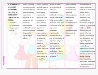 SE DESENVUELVE
DE MANERA
AUTÓNOMA A
TRAVÉS DE SU
MOTRICIDAD”
COMPRENDE SU
CUERPO.
 Se expresa
corporalmente.
 Comprende su
cuerpo
Realiza acciones y
movimientos como
correr, saltar desde
pequeñas alturas,
trepar, rodar,
deslizarse- en los
que expresa sus
emociones-
explorando las
posibilidades de su
cuerpo con relación
al espacio, la
superficie y los
objetos.
Realiza acciones y
juegos de manera
autónoma, como
correr, saltar,
trepar, rodar,
deslizarse, hacer
giros, patear y
lanzar pelotas,
etc.-- en los que
expresa sus
emociones-
explorando las
posibilidades de
su cuerpo con
relación al
espacio, la
superficie y los
objetos, regulando
su fuerza,
velocidad y con
cierto control de
su equilibrio.
Realiza acciones y
juegos de manera
autónoma,
combinando
habilidades motrices
básicas como correr,
saltar, trepar, rodar,
deslizarse, hacer giros
y volteretas en los que
expresa sus
emociones-
explorando las
posibilidades de su
cuerpo con relación al
espacio, el tiempo, la
superficie y los
objetos; en estas
acciones, muestra
predominio y mayor
control de un lado de
su cuerpo.
Realiza diversos
movimientos al
desplazarse con
seguridad
utilizando pelotas
con precisión
expresando
corporalmente sus
sensaciones,
emociones y
sentimientos en el
lanzamiento de
pelotas
Se desenvuelve de
manera autónoma a
través de su motricidad
cuando explora y
descubre su lado
dominante y sus
posibilidades de
movimiento por propia
iniciativa en situaciones
cotidianas. Realiza
acciones motrices
básicas en las que
coordina movimientos
para desplazarse con
seguridad y utiliza
objetos con precisión,
orientándose y
regulando sus acciones
en relación a estos, a las
personas, el espacio y el
tiempo. Expresa
corporalmente sus
sensaciones, emociones
y sentimientos a través
del tono, gesto,
PSICOMOTRIZ
 