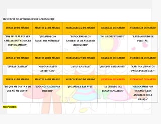 SECUENCIA DE ACTIVIDADES DE APRENDIZAJE
LUNES 20 DE MARZO MARTES 21 DE MARZO MIERCOLES 22 DE MARZO JUEVES 23 DE MARZO VIERNES 24 DE MARZO
“SOY FELIZ AL VOLVER
A MI JARDIN Y CONOCER
NUEVOS AMIGOS”
” JUGAMOS CON
NUESTROS NOMBRES”
“CONOCEMOS LOS
AMBIENTES DE NUESTRO
JARDINCITO”
“MI JUEGO FAVORITO” “LANZAMIENTO DE
PELOTAS”
LUNES 27 DE MARZO MARTES 28 DE MARZO MIERCOLES 29 DE MARZO JUEVES 30 DE MARZO VIERNES 31 DE MARZO
“CINTAS CLASICAS” “MIS GARABATOS
ARTISTICOS”
“¡A SUS CASITAS!” “¡HUEVOS BAILARINES!” “CAPITAN ¿CUANTOS
PASOS PUEDO DAR?”
LUNES 03 DE MARZO MARTES 04 DE MARZO MIERCOLES 05 DE MARZO JUEVES 06 DE MARZO VIERNES 07 DE MARZO
“LO QUE ME GUSTA Y LO
QUE NO ME GUSTA”
“JUGAMOS A AGRUPAR
OBJETOS”
“JUGAMOS A LAS AVES” “EL CUENTO DEL
ESPANTAPAJAROS”
“ORDENAMOS POR
TAMAÑO A LOS
ANIMALES DE LA
GRANJA”
PROPOSITO:
 